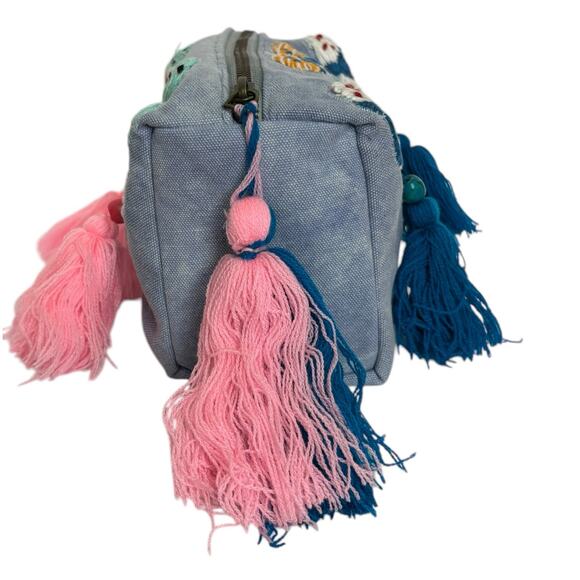 Raj LA Light Denim Blue Canvas Embroidered Tasseled Butterfly Cosmetic Bag NEW - Picture 3 of 7